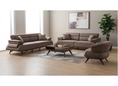 Polstergruppe Grau Modern Stoff Holz 2x 3-Sitzer Sessel Lounge Set