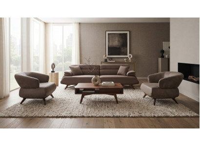 Modernes Wohnzimmer Set Grau Stoff Holz 3+1+1 Sitzer Sofa Couch