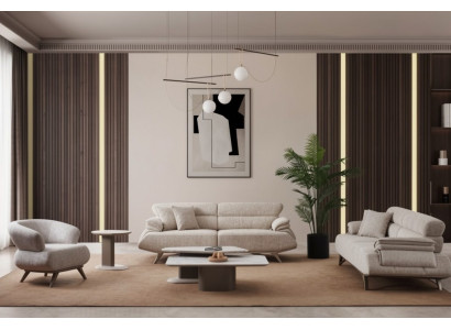 Komfort Sitzgruppe Grau Modern Stoff Holz 3+3+1 Sitzer Sofa Set