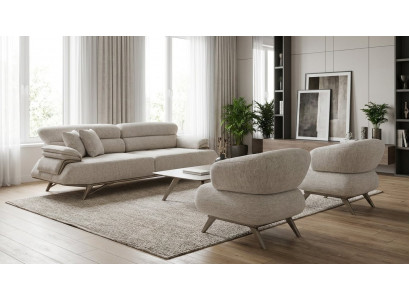 Sofa Set Elegantes Wohnzimmer Grau Stoff Holz 3-Sitzer 2x Sessel
