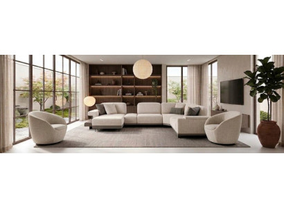 Stilvolle Beige Couchgarnitur Wohnzimmer L-Form Sofa 2x Textilsessel