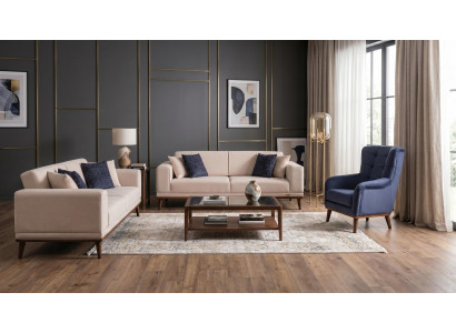 Blau-beiges Wohnzimmer-Set Sofas Stoff Sessel modern