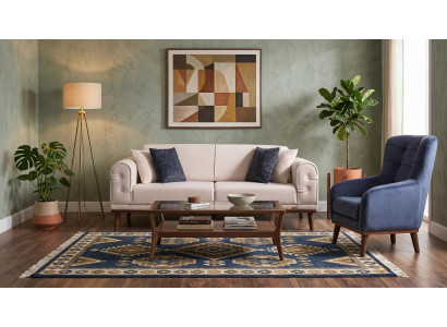 Beige-blaues Wohnzimmer-Set 3-Sitzer-Sofa Stoffsofa und Sessel modern