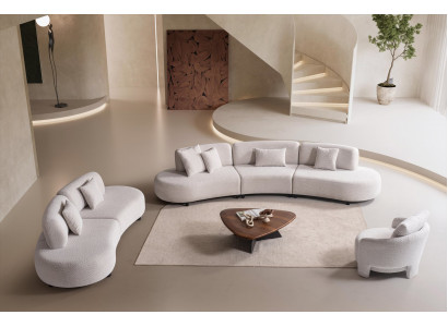 Sitzgruppe Weiß Modern Stoff Holz 4-Sitzer 3-Sitzer 1x Sessel Set