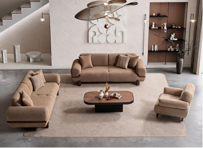 Sofa Set Braun Modern 3+3+1 Sitzer Stoff Holz Polsterlandschaft
