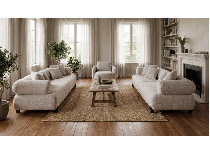 Polstergruppe Weiß Modern Stoff Holz 2x 3-Sitzer Sessel Lounge Set