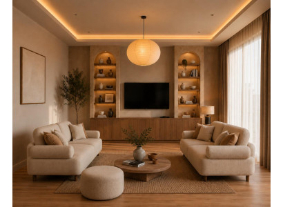 Elegantes Wohnzimmer Set mit zwei 3-Sitzern und passendem Sitzhocker Beige