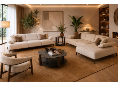 Beige Wohnzimmer Sofagarnitur Ecksofa 4-Sitzer Stoffsessel 3tlg