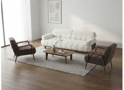 Prachtvolle Couchgarnitur Weiß Grau Holz 3-Sitzer 2x Sessel Modern