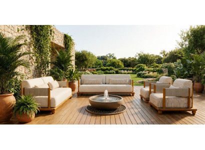Gartenlounge Set 3-Sitzer Sofa Sessel Kissen Modern Beige Stilvoll