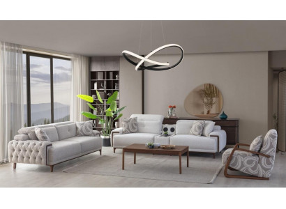 Modernes Designer Wohnset Beige Sofas Sessel Holzgestell