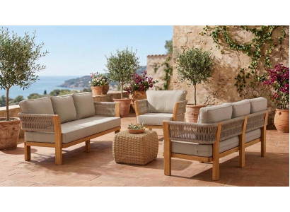 Gartenlounge Set 3-Sitzer Sofa Sessel Beige Kissen Modern Komfort Neu