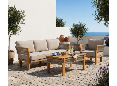 Gartenlounge Set 3Sitzer sofa Sessel Beige Kissen Couchtisch Holz Neu