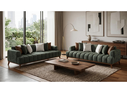 Grünes Wohnzimmer-Set 3+3-Sitzer-Sofas Sofagarnitur Stoffsofas Premium