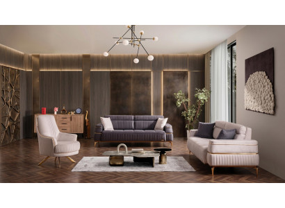 Grau-beiges Wohnzimmer-Set Sofas Stoffsofas goldene Füße luxuriös