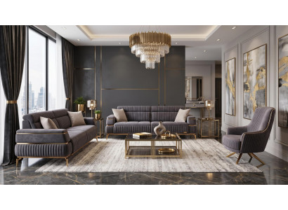 Grau-beiges Wohnzimmer-Set Sofas goldene Füße Stoffsofas