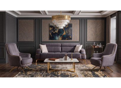 Graues Wohnzimmer-Set Sofas  Stoffsofas goldene Füße Sofagarnitur