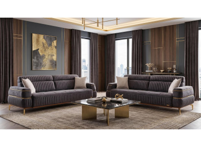 Graues Wohnzimmer-Set 3+3-Sitzer-Sofas Sofagarnitur goldene Füße modern