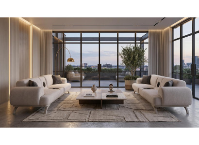 Beiges Wohnzimmer-Set 3+3-Sitzer-Sofas Stoffsofas mit Multimedia-Modul modern