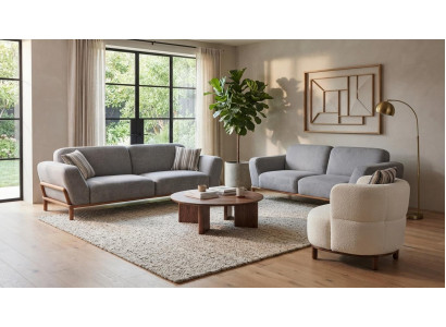 Graues Sofa Set 2x 3-Sitzer Sessel Modern Stoff Holz Wohnzimmer