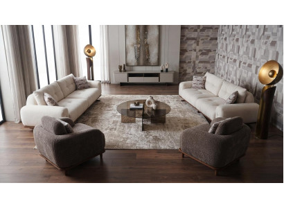 Modernes Weißes Sofa Set 2x 3-Sitzer mit 2 Sesseln Stoffbezug Holz