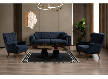 Blaues Wohnzimmer Set Sofa Sessel 3-teilig Stoff Polsterung Design