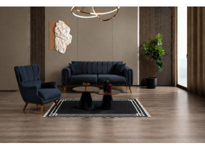 Blaues Sofa Set 3+1 Sitzer Wohnzimmer Stoff Holzfüße Modern Design
