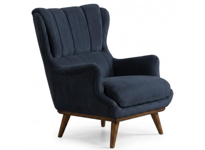 Eleganter Blauer Polstersessel Textil Wohnzimmer Akzentstuhl Holzfuß