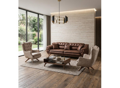 Chesterfield Wohnzimmer Set 3 Sitzer Sofa 2x Sessel Leder Modern