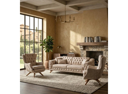 Elegante Chesterfield Polstergarnitur Beige 3 Sitzer Sofa 2x Sessel