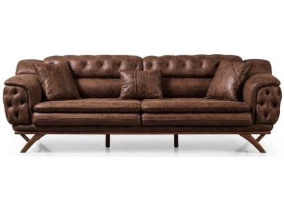 Hochwertiges Sofa Braun 3 Sitzer Leder Holzrahmen Chesterfield Stil