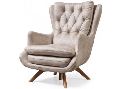 Beiger Ledersessel Holzbeine Wohnzimmer Lounge Modern Komfort