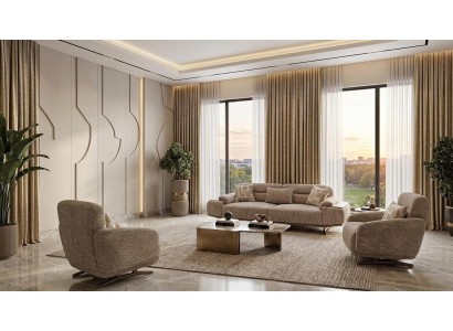 Modernes Wohnzimmer Set Sofa 2 Sessel Beige Polstermöbel