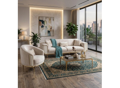 Moderne Sitzgruppe Beige Sofa Sessel Textil Metallgestell Wohnzimmer