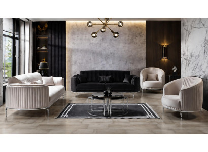 Große Wohnzimmer Garnitur Grau 2x Sofas mit 2x Sessel Stoff