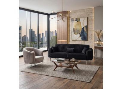 Elegantes Wohnzimmer Set Sofa 3+1 Sitzer Schwarz Polstermöbel