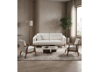 Modernes Weißes 3 Sitzer Sofa 2x Sessel Stoff Wohnzimmer Set Luxus