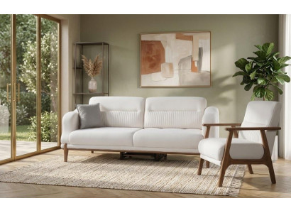 Moderne Sofa Garnitur Weiß Stoff Couch Sessel Holz Design