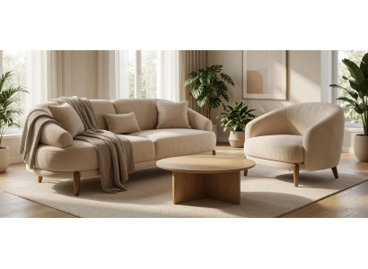 Beige Sofa 3-Sitzer mit Sessel Stoff Wohnzimmer Modern Design Set