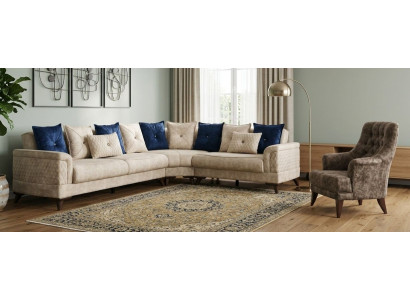 Ecksofa L-Form Beige Grau Modern Holz Stoff Sessel Garnitur Set