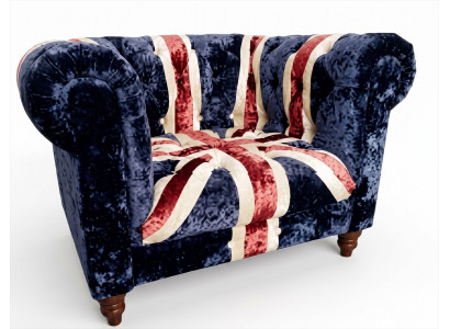 Chesterfield Sessel Union Jack Samt British Style Vintage Dunkelblau
