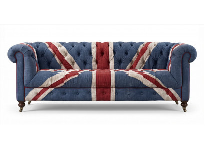 3-Sitzer Sofa Chesterfield Union Jack Samt British Vintage Retro Blau