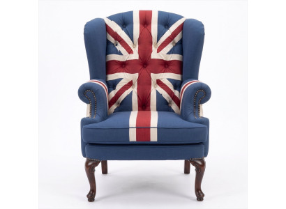 Union Jack Ohrensessel British Vintage Retro Blau Knopfheftung Holz