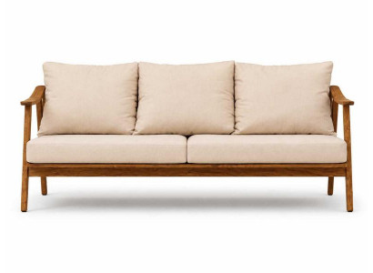 Modernes 3-Sitzer Gartensofa Beige Holzgestell Polstersofa