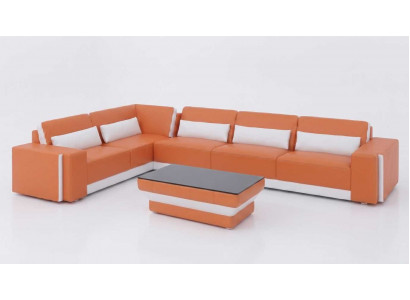 Modernes Wohnzimmer Set Orange Ecksofa Couchtisch Holz Design Garnitur