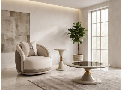 Eleganter Beiger Sessel Textil Holz Rundform Wohnzimmer Lounge