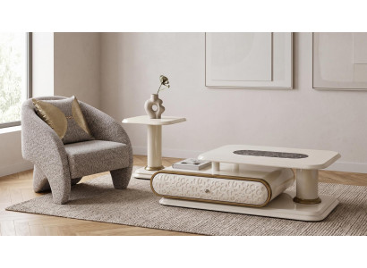 Moderner Beiger Sessel Textil Holz Rundarmlehnen Elegantes Design
