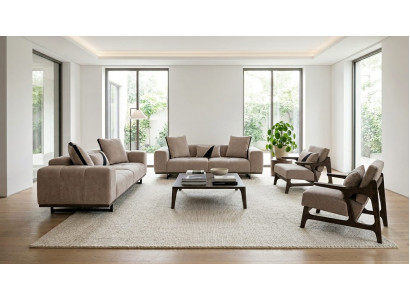 Modulares Sofa Set Beige Textil Holz Modern 3+3+1+1-Sitzer Komfort