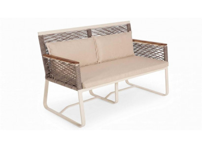 Moderner 2 Sitzer Gartensofa Beige Geflecht Polstersofa Terrasse