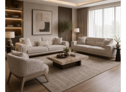 Sofa Set 3+3+1-Sitzer Beige Textil Holz Modern Abstraktes Muster Komfort